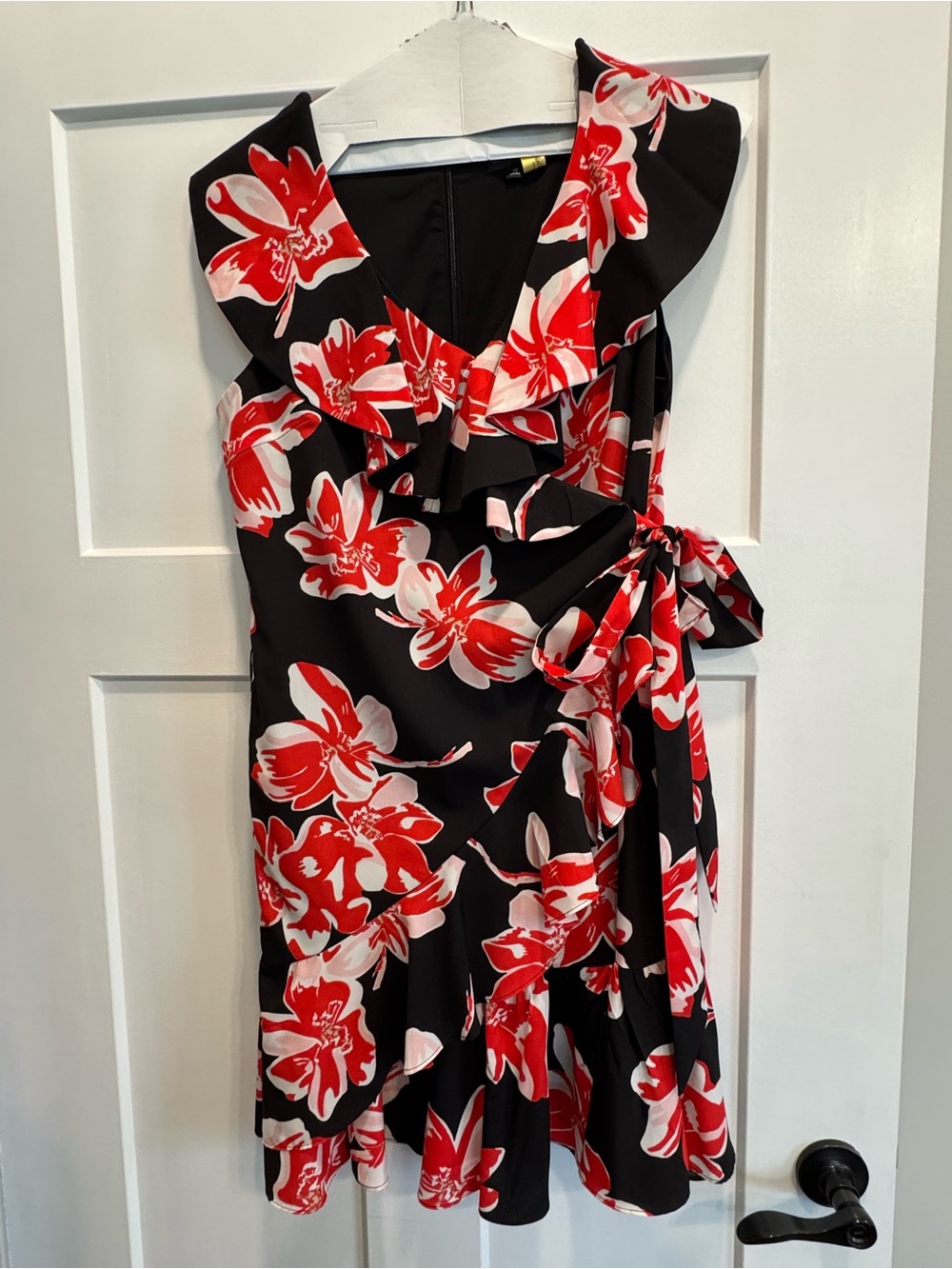 Tahari Black Wrap Midi Dress with Red and White Floral Print